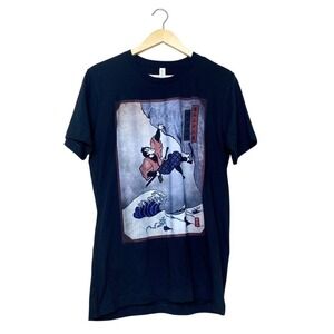 Bella‎ Canvas Mens Navy Blue Samurai Rock Climbing Great Wave Graphic T-Shirt L